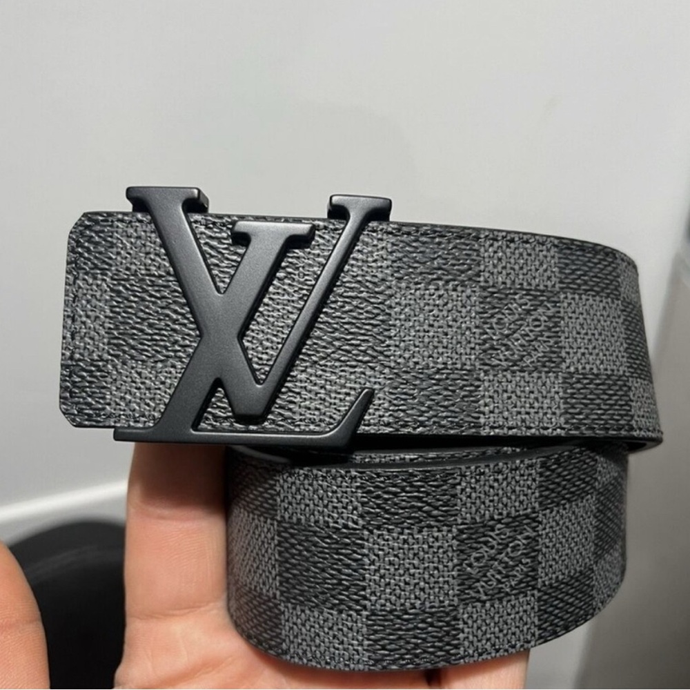 Louis Vuitton Gray Checkered Belt with Black Logo